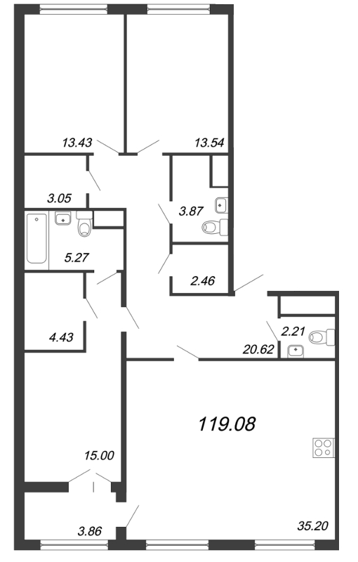 Продажа 4-комнатной (Евро) квартиры 119.3 м2, 3/8 этаж, ЖК «The One» - план-схема