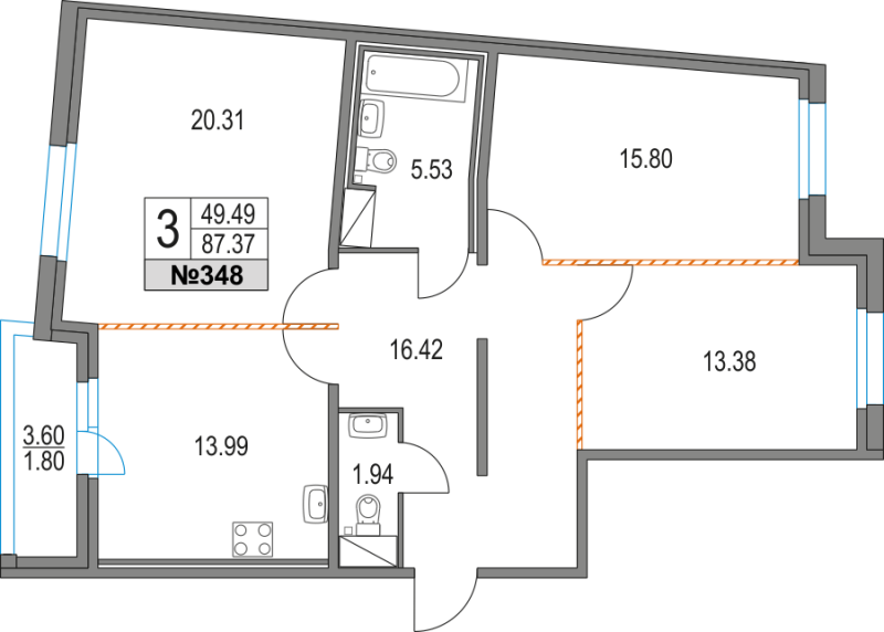 Продажа 3-комнатной квартиры 87.37 м2, 10/16 этаж в ЖК «Приморский квартал» - план-схема
