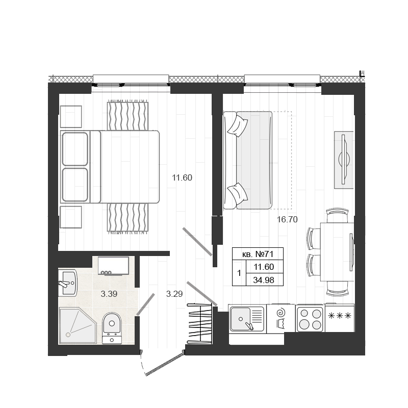 Продажа 2-комнатной (Евро) квартиры 34.98 м2, 1/4 этаж, ЖК «Верево Сити» - план-схема