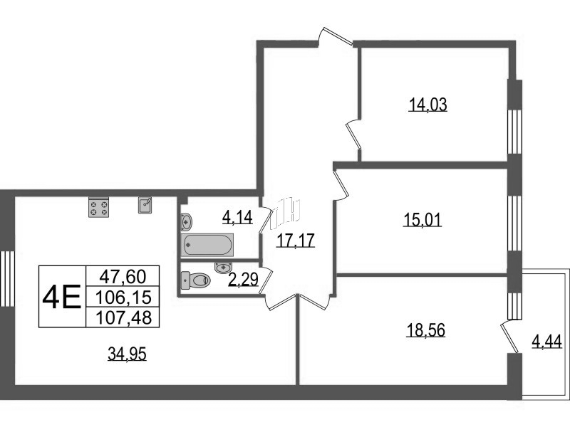 Продажа 4-комнатной (Евро) квартиры 107.48 м2, 2/9 этаж, ЖК «TESORO» - план-схема