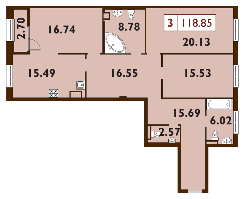 Продажа 3-комнатной квартиры 118.7 м2, 7/9 этаж, ЖК «Neva Haus» - план-схема