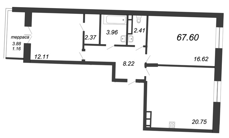 Продажа 2-комнатной квартиры 67.6 м2, 12/12 этаж в ЖК «Ariosto» - план-схема