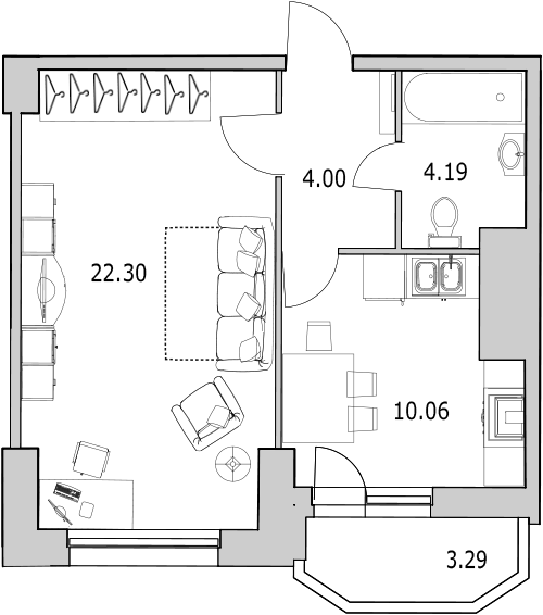 Продажа 1-комнатной квартиры 42.2 м2, 7/25 этаж, ЖК «Байрон» - план-схема