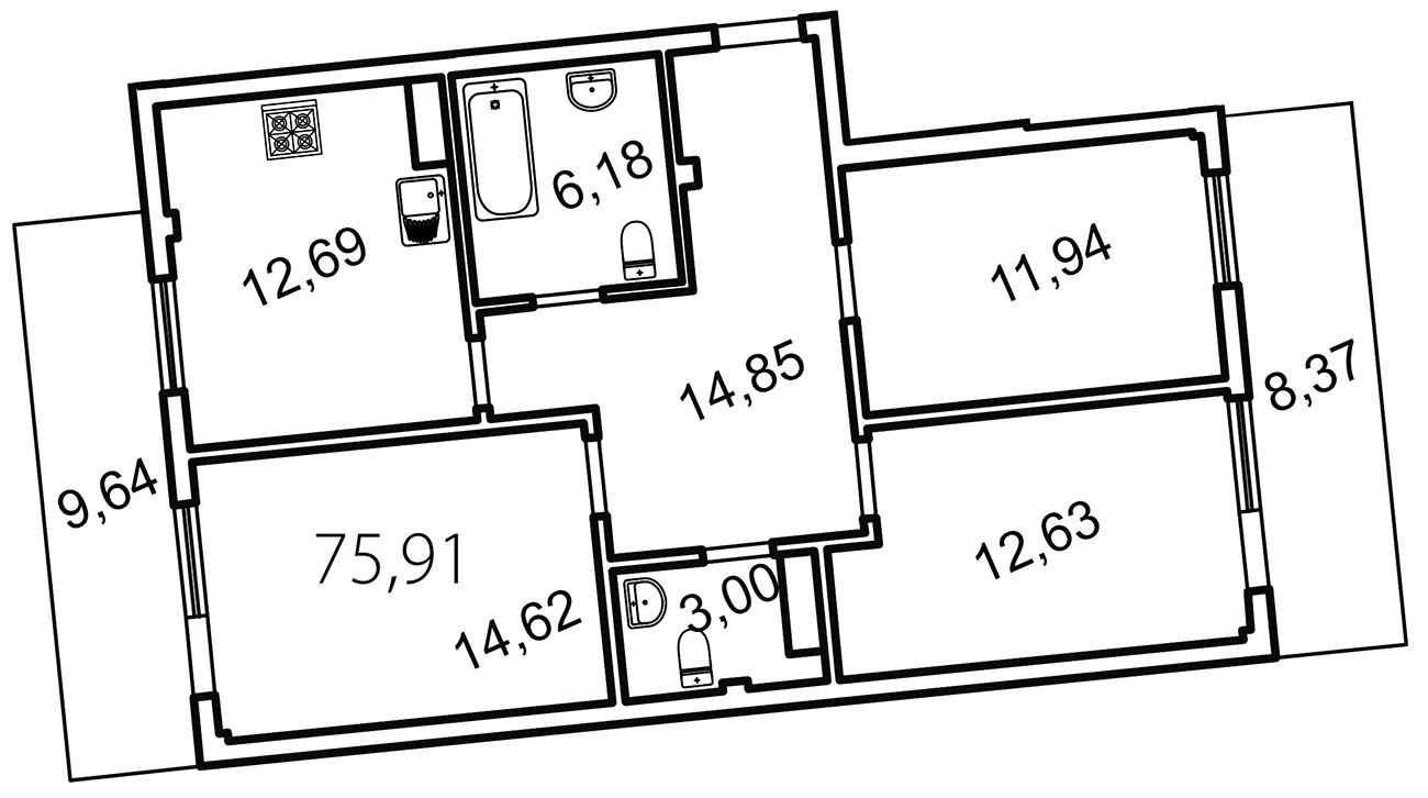 Продажа 3-комнатной квартиры 81.3 м2, 2/4 этаж, ЖК «Лахта Парк» - план-схема