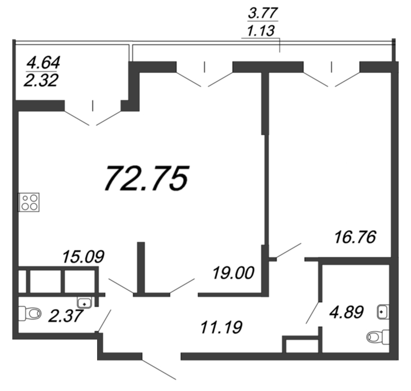 Продажа 2-комнатной квартиры 72.75 м2, 3/18 этаж, ЖК «Колумб» - план-схема