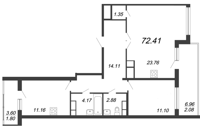 Продажа 3-комнатной (Евро) квартиры 72.41 м2, 12/12 этаж, ЖК «Ariosto» - план-схема