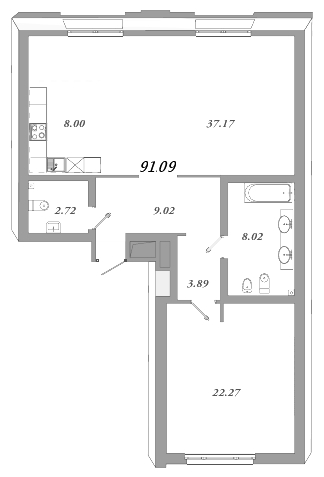 Продажа 2-комнатной (Евро) квартиры 91.09 м2, 4/7 этаж в ЖК «Приоритет» - план-схема
