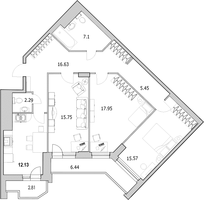 Продажа 3-комнатной квартиры 97.49 м2, 16/0 этаж в ЖК «Байрон» - план-схема