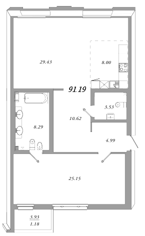 Продажа 2-комнатной (Евро) квартиры 91.19 м2, 4/7 этаж, ЖК «Приоритет» - план-схема