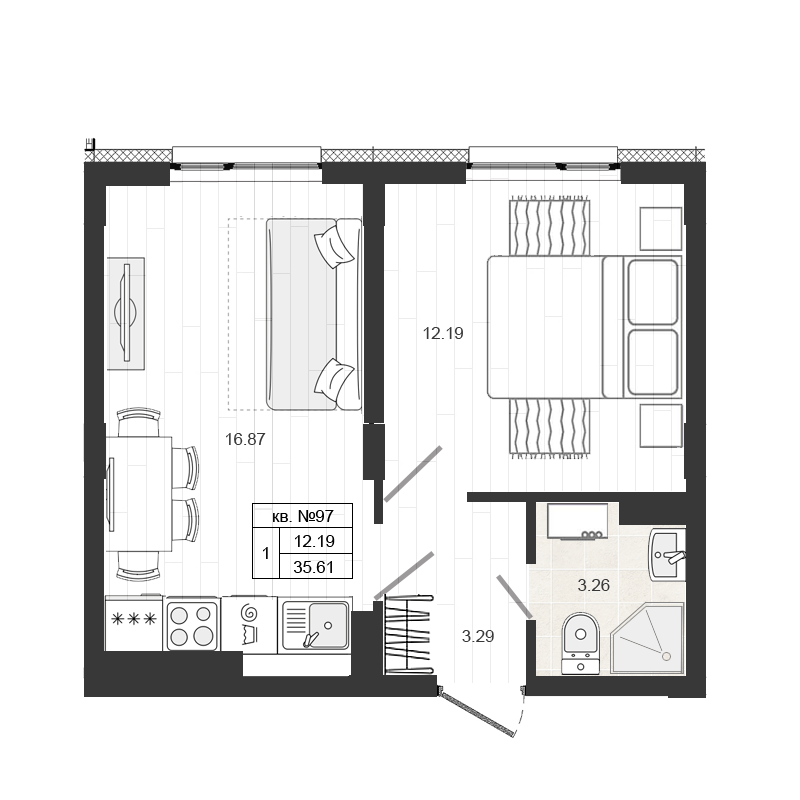Продажа 2-комнатной (Евро) квартиры 35.61 м2, 4/4 этаж в ЖК «Верево-сити» - план-схема