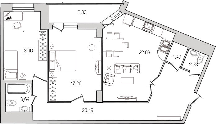 Продажа 3-комнатной (Евро) квартиры 85.2 м2, 19/27 этаж, ЖК «Шекспир» - план-схема