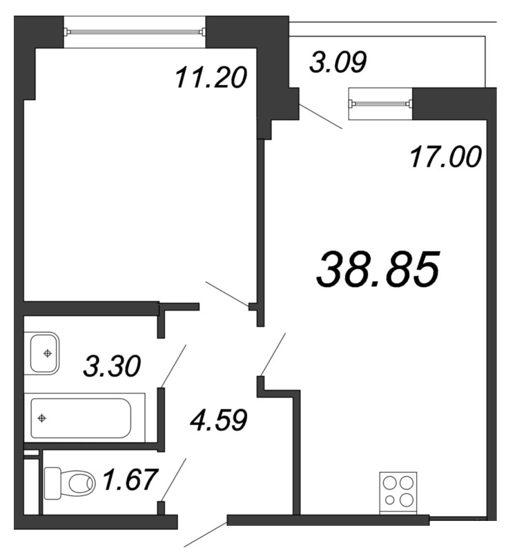 Продажа 2-комнатной (Евро) квартиры 38.85 м2, 16/18 этаж в ЖК «Магеллан» - план-схема