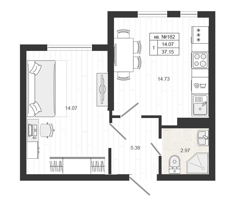 Продажа 2-комнатной (Евро) квартиры 37.15 м2, 1/4 этаж в ЖК «Верево-сити» - план-схема