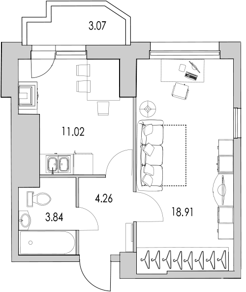 Продажа 1-комнатной квартиры 38.95 м2, 19/0 этаж, ЖК «Байрон» - план-схема