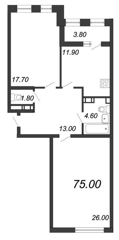 Продажа 2-комнатной квартиры 75.5 м2, 4/10 этаж, ЖК «Svetlana Park» - план-схема