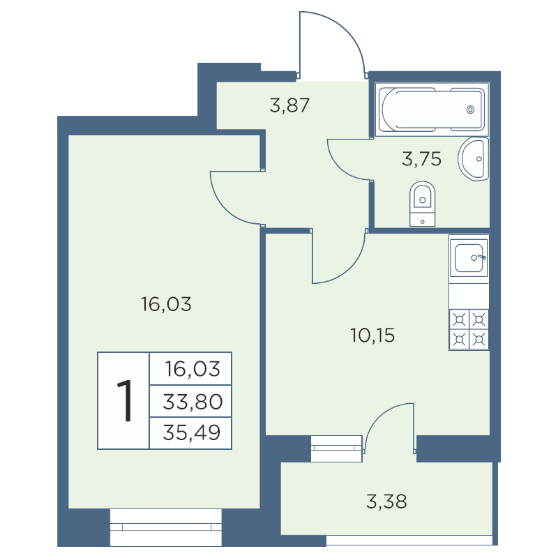 Продажа 1-комнатной квартиры 35.15 м2, 3/12 этаж, ЖК «Новый Лесснер» - план-схема