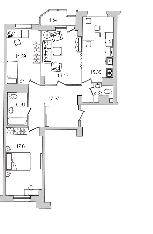 Продажа 3-комнатной квартиры 92.6 м2, 6/0 этаж, ЖК «Шекспир» - план-схема