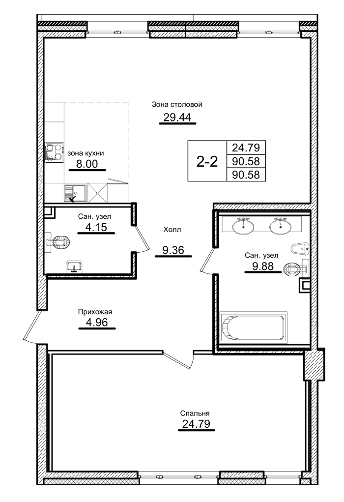 Продажа 1-комнатной квартиры 89.86 м2, 2/7 этаж, ЖК «Приоритет» - план-схема