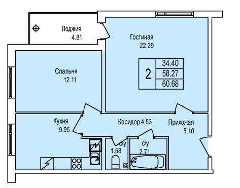 Продажа 2-комнатной квартиры 63.08 м2, 1/5 этаж, ЖК «Юттери» - план-схема
