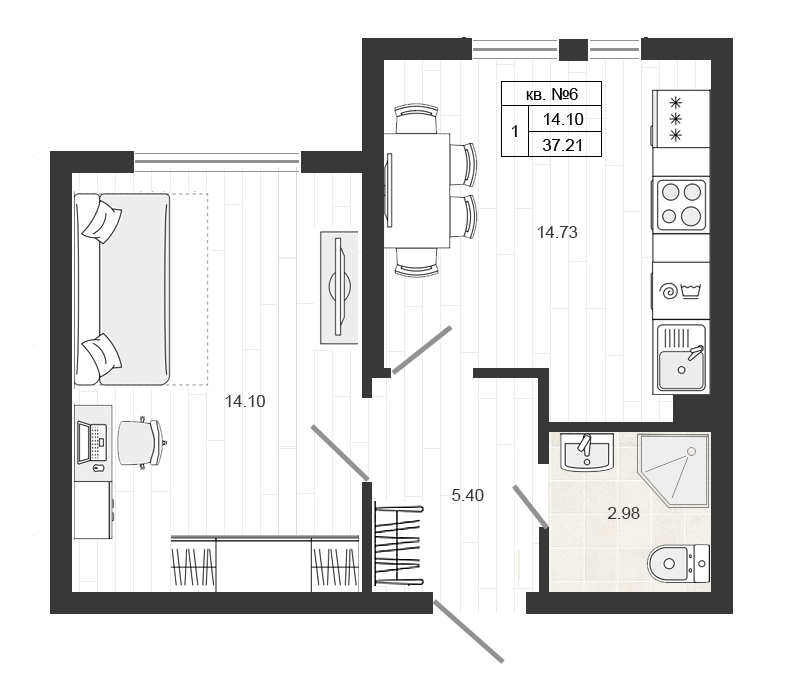 Продажа 2-комнатной (Евро) квартиры 37.21 м2, 1/4 этаж, ЖК «Верево-сити» - план-схема