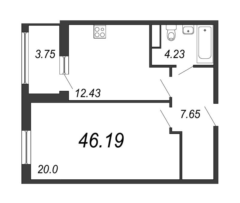 Продажа 1-комнатной квартиры 46.19 м2, 11/16 этаж, ЖК «PROMENADE» - план-схема
