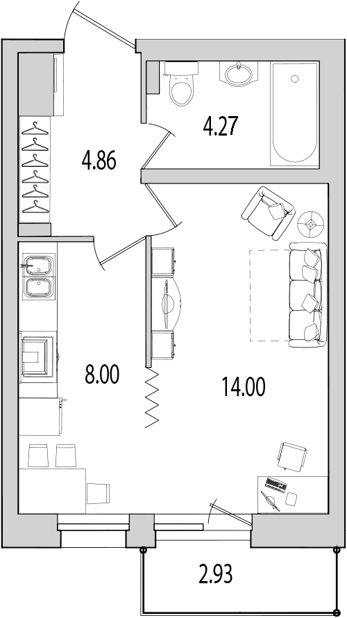 Продажа 1-комнатной квартиры 33.9 м2, 4/26 этаж, ЖК «Байрон» - план-схема