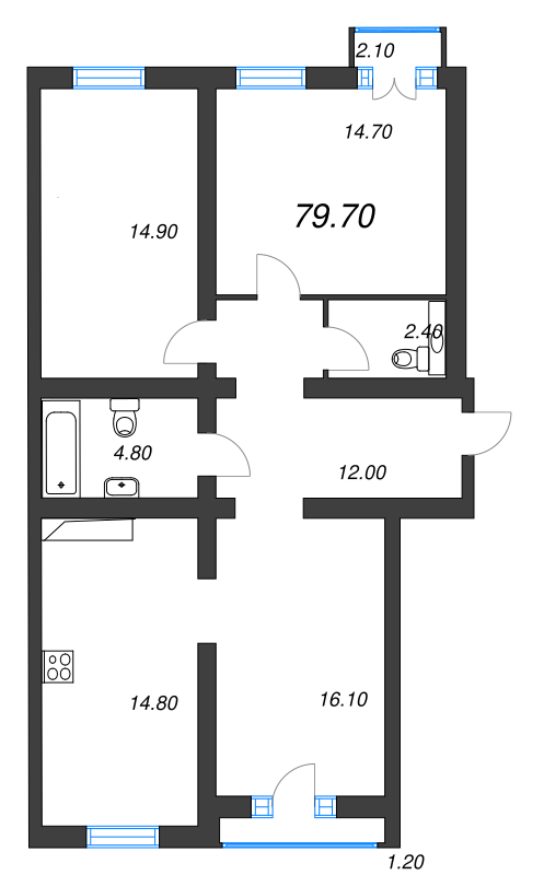 Продажа 3-комнатной квартиры 80.1 м2, 5/6 этаж в ЖК «Аура» - план-схема
