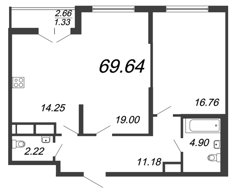 Продажа 2-комнатной квартиры 69.64 м2, 9/18 этаж, ЖК «Колумб» - план-схема