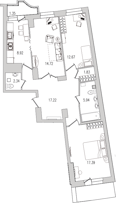Продажа 3-комнатной квартиры 87.7 м2, 3/25 этаж, ЖК «Шекспир» - план-схема