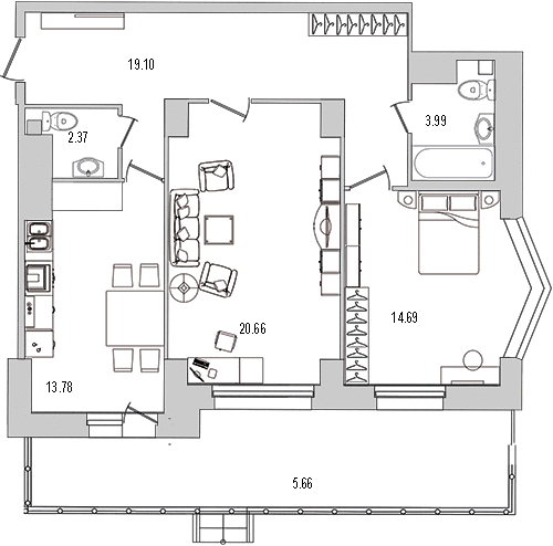 Продажа 2-комнатной квартиры 79.2 м2, 3/0 этаж, ЖК «Шекспир» - план-схема