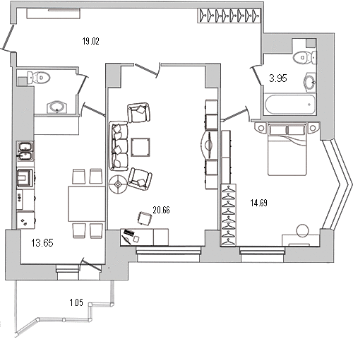 Продажа 2-комнатной квартиры 77.1 м2, 22/27 этаж, ЖК «Шекспир» - план-схема