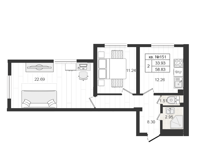 Продажа 2-комнатной квартиры 58.83 м2, 1/4 этаж, ЖК «Верево-сити» - план-схема