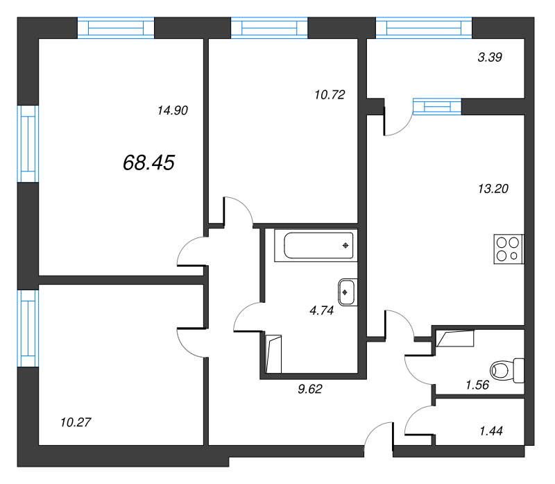 Продажа 3-комнатной квартиры 68.45 м2, 17/22 этаж, ЖК «БелАрт» - план-схема