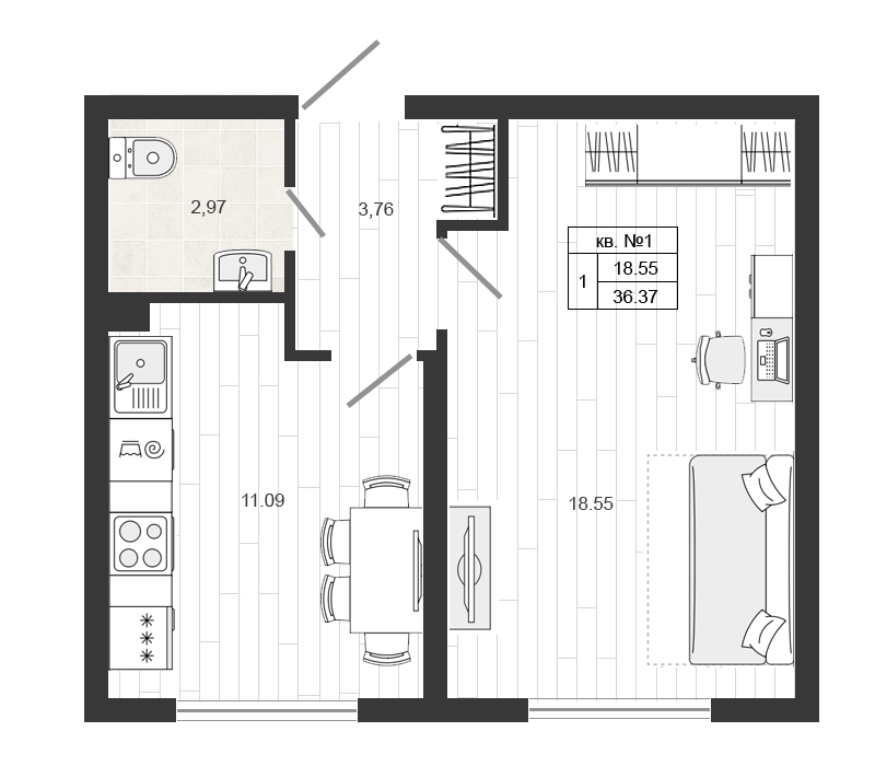Продажа 1-комнатной квартиры 36.37 м2, 1/4 этаж в ЖК «Верево-сити» - план-схема