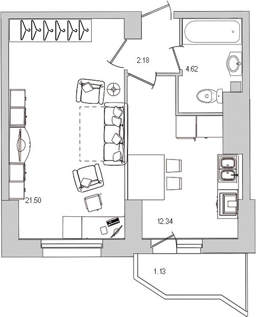 Продажа 1-комнатной квартиры 44.2 м2, 16/27 этаж, ЖК «Шекспир» - план-схема