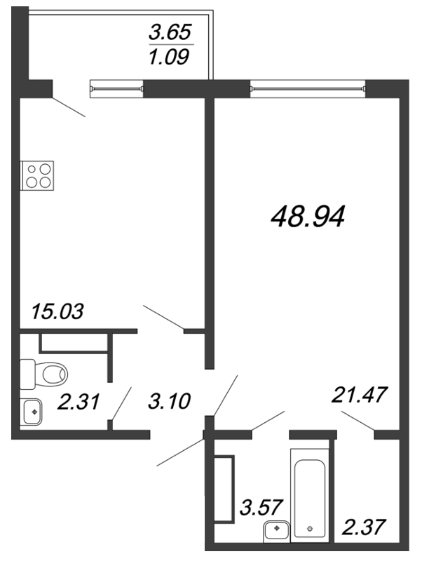 Продажа 1-комнатной квартиры 48.4 м2, 1/16 этаж, ЖК «Новое Горелово» - план-схема