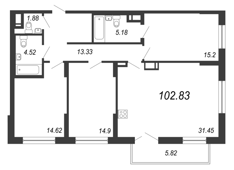 Продажа 4-комнатной (Евро) квартиры 102.83 м2, 11/18 этаж в ЖК «Нахимов» - план-схема