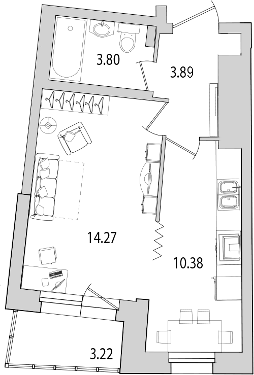 Продажа 1-комнатной квартиры 35.4 м2, 17/26 этаж, ЖК «Байрон» - план-схема