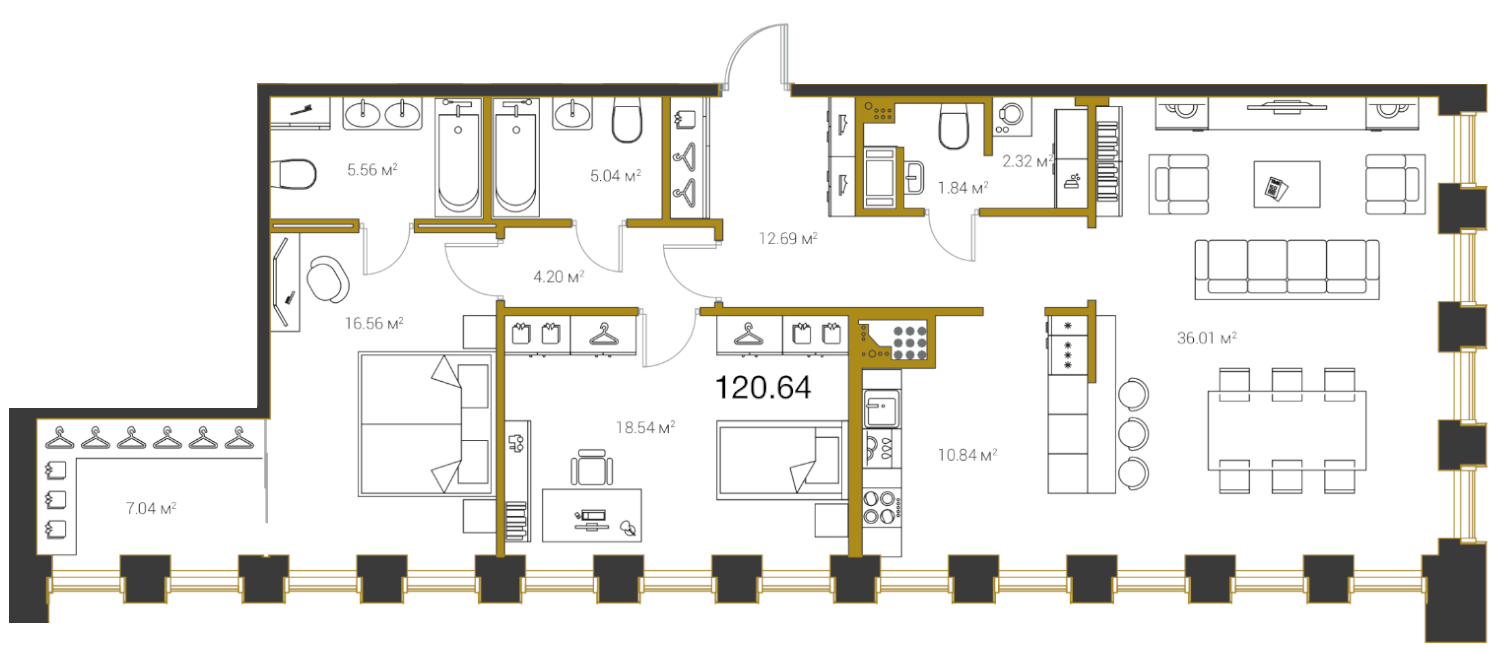 Продажа 3-комнатной (Евро) квартиры 124.6 м2, 4/20 этаж, ЖК «Legenda Premium Институтский, 16» - план-схема