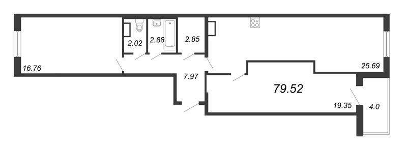 Продажа 3-комнатной (Евро) квартиры 77.9 м2, 14/16 этаж, ЖК «PROMENADE» - план-схема