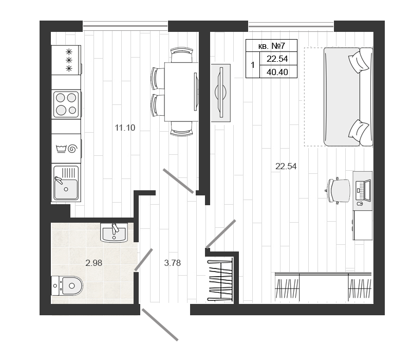 Продажа 1-комнатной квартиры 40.4 м2, 1/4 этаж, ЖК «Верево-сити» - план-схема