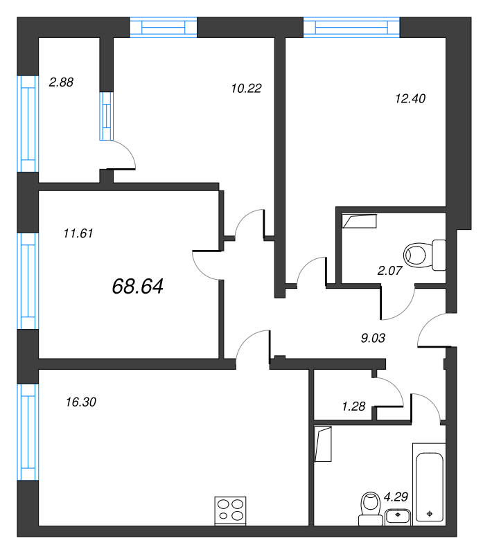 Продажа 3-комнатной квартиры 68.64 м2, 13/22 этаж, ЖК «БелАрт» - план-схема