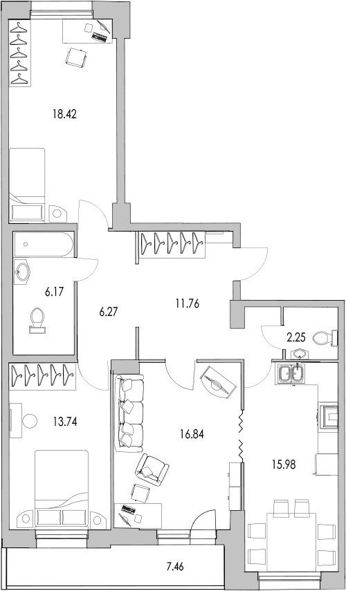Продажа 3-комнатной квартиры 91.5 м2, 3/24 этаж, ЖК «Байрон» - план-схема