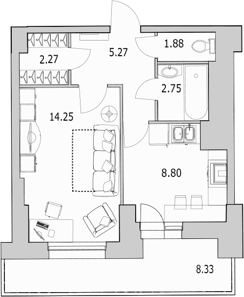 Продажа 1-комнатной квартиры 36.7 м2, 3/25 этаж, ЖК «Байрон» - план-схема