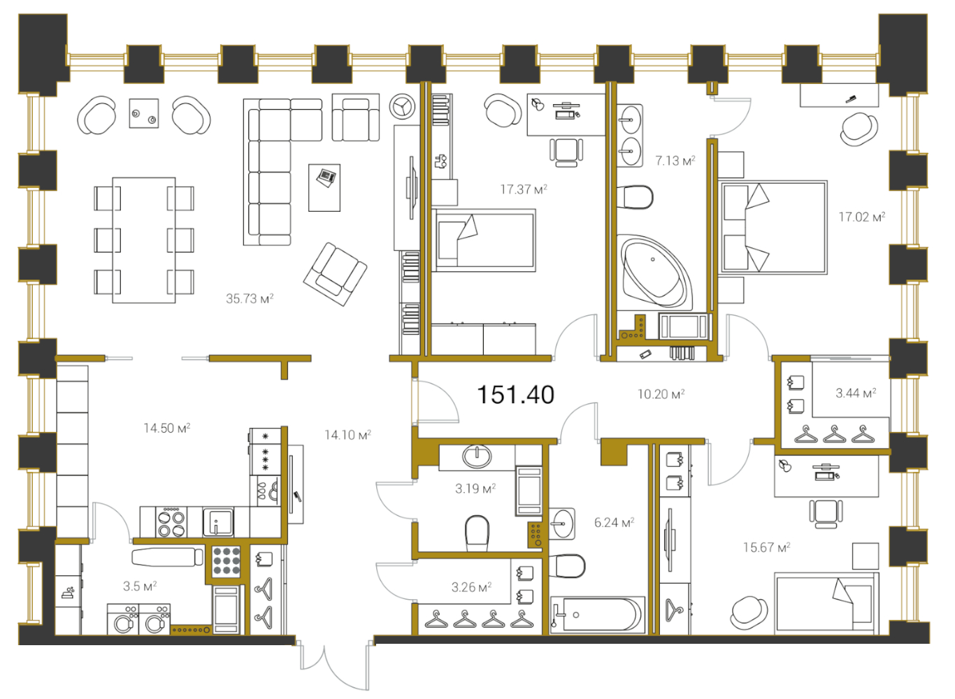 Продажа 4-комнатной (Евро) квартиры 157.4 м2, 17/20 этаж, ЖК «Legenda Premium Институтский, 16» - план-схема