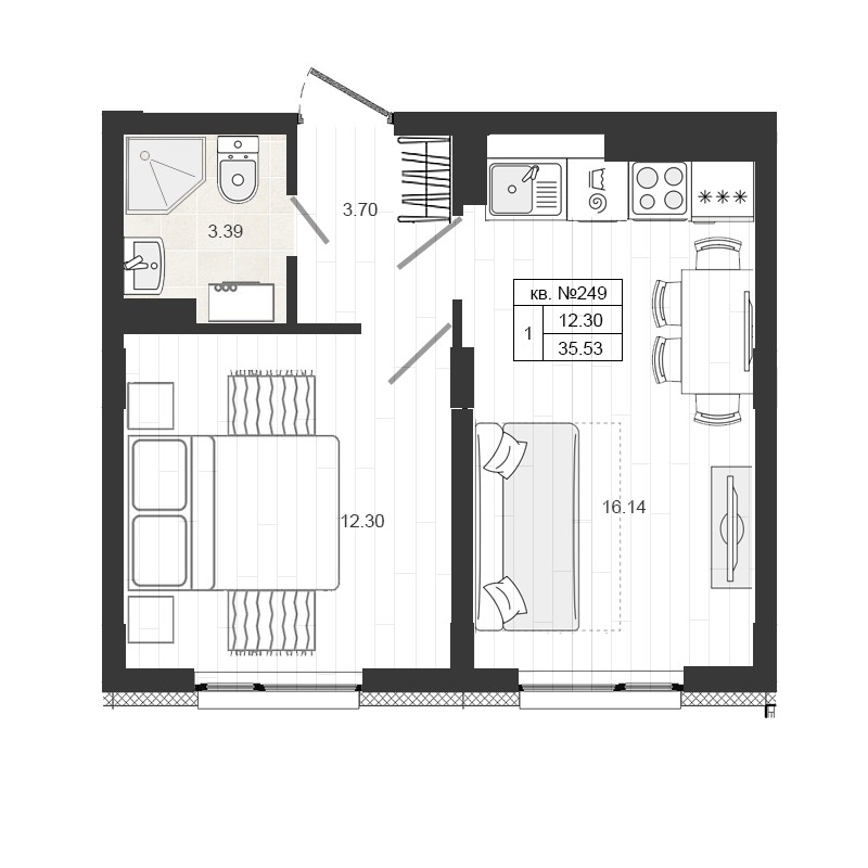 Продажа 2-комнатной (Евро) квартиры 35.53 м2, 1/4 этаж, ЖК «Верево-сити» - план-схема