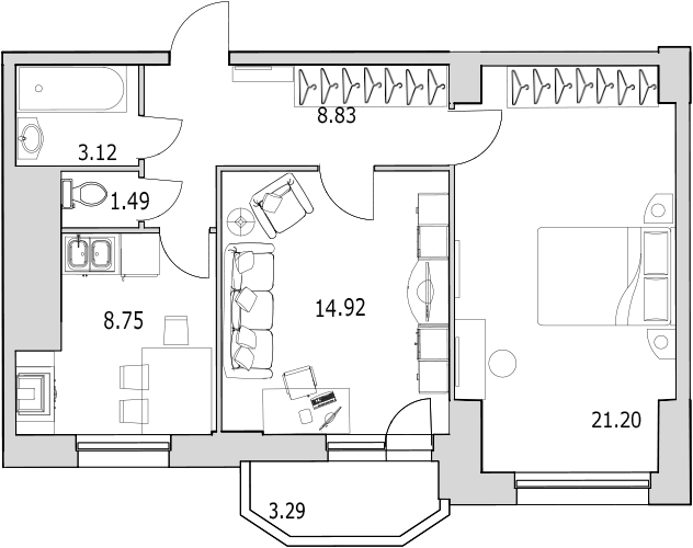 Продажа 2-комнатной квартиры 59.96 м2, 20/0 этаж в ЖК «Байрон» - план-схема