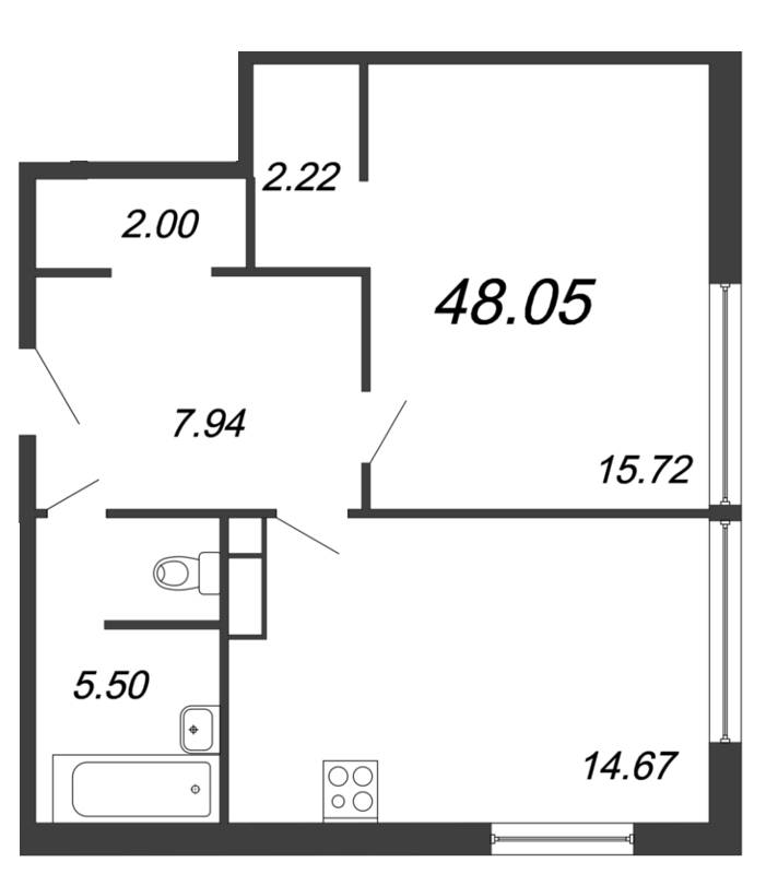 Продажа 1-комнатной квартиры 48.05 м2, 3/12 этаж, ЖК «Ariosto» - план-схема
