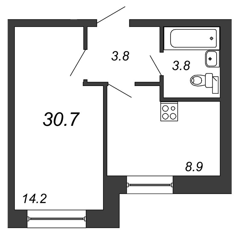 Продажа 1-комнатной квартиры 30.7 м2, 1/24 этаж, ЖК «Приневский» - план-схема