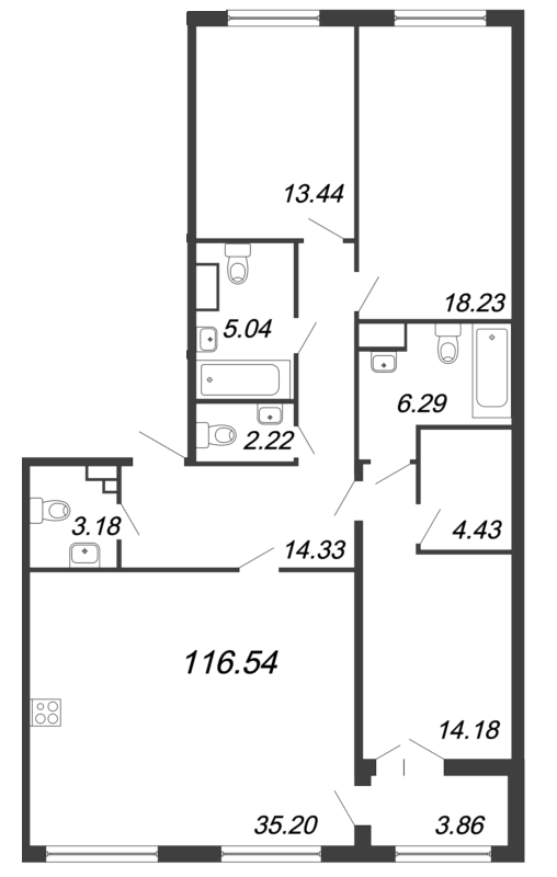 Продажа 4-комнатной (Евро) квартиры 114.3 м2, 2/8 этаж, ЖК «The One» - план-схема